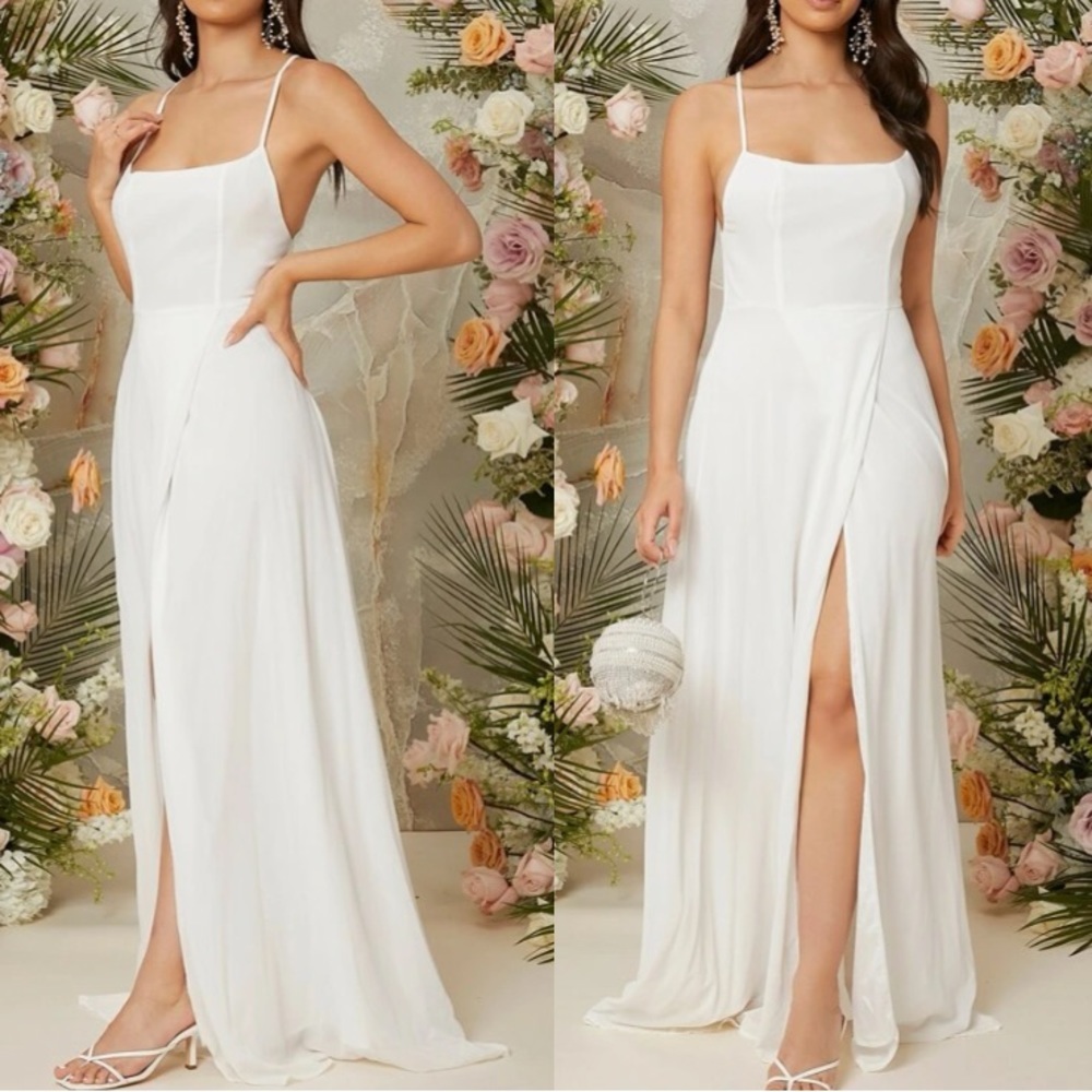 Luxe dusty blue crisscross back slit thigh party bridesmaids formal maxi dress - Picture 8 of 16